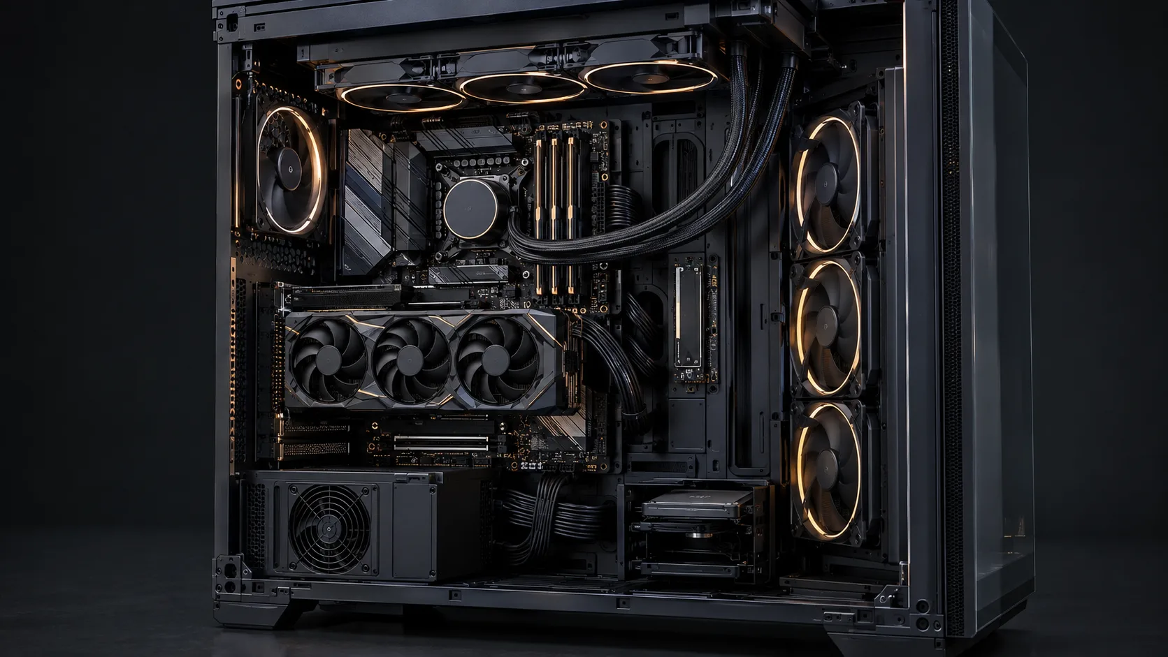 Assembled workstation with its glass side panel open and gold-lit fans